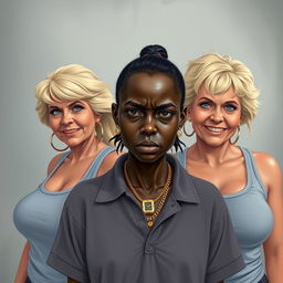 In a poor room, a young African woman, notably short, undernourished, and 20 years old with very dark skin and an angry expression, stands out wearing a loose-fitting gangster-style polo shirt