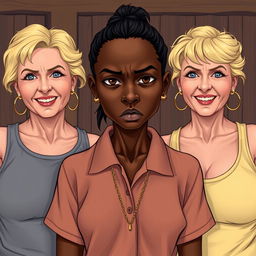 In a poor room, a young African woman, notably short, undernourished, and 20 years old with very dark skin and an angry expression, stands out wearing a loose-fitting gangster-style polo shirt