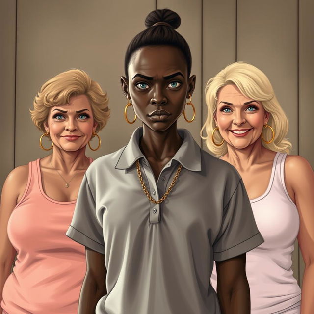 In a poor room, a young African woman, notably short, undernourished, and 20 years old with very dark skin and an angry expression, stands out wearing a loose-fitting gangster-style polo shirt