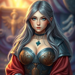 A realistic photo of a very busty, cute, and innocent-looking Ukrainian cleric healer girl