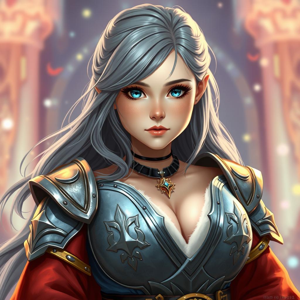 A realistic photo of a very busty, cute, and innocent-looking Ukrainian cleric healer girl