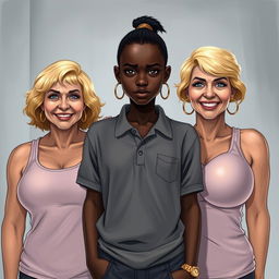 In a poor room, a young African woman, notably short, undernourished, and 20 years old with deep black skin and an angry expression, stands at the center