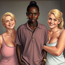 In a poor room, a young African woman, notably short, undernourished, and 20 years old with deep black skin and an angry expression, stands at the center