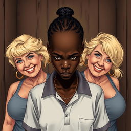 In a poor room, a young African woman, notably short, undernourished, and 20 years old with deep black skin and an angry expression, stands at the center