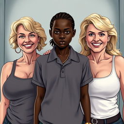 In a poor room, a young African woman, notably short, undernourished, and 20 years old with deep black skin and an angry expression, stands at the center