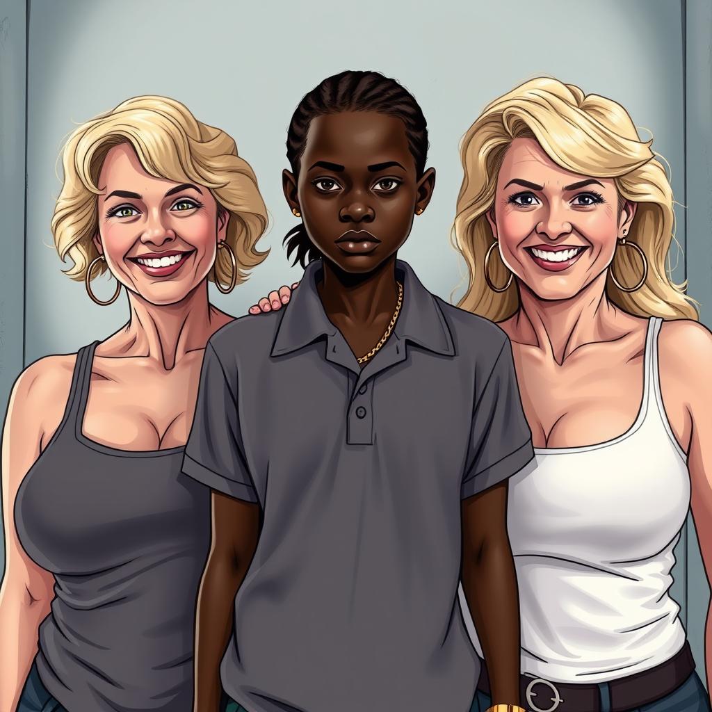 In a poor room, a young African woman, notably short, undernourished, and 20 years old with deep black skin and an angry expression, stands at the center