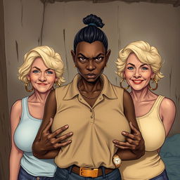 In a poor room, a young African woman, notably short, undernourished, and 20 years old with very dark skin, has a fierce and angry expression