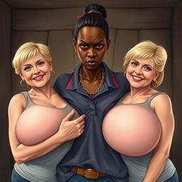 In a poor room, a young African woman, notably short, undernourished, and 20 years old with very dark skin, has a fierce and angry expression