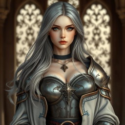 A realistic photo of a very busty, innocent, and beautiful Ukrainian cleric healer girl