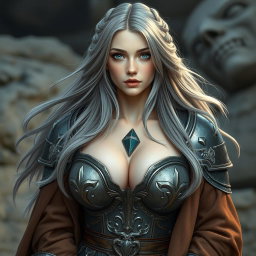 A realistic photo of a very busty, innocent, and beautiful Ukrainian cleric healer girl