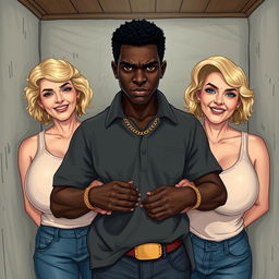 In a poor room, a young Black African woman, notably short, undernourished, and 20 years old, has deep black skin and an angry expression