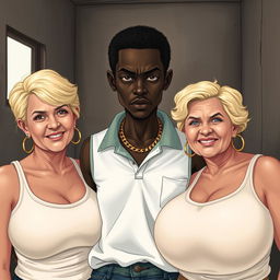 In a poor room, a young Black African woman, notably short, undernourished, and 20 years old, has deep black skin and an angry expression