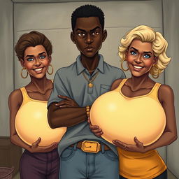 In a poor room, a young Black African woman, notably short, undernourished, and 20 years old, has deep black skin and an angry expression