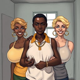 In a poor room, a young Black African woman, notably short, undernourished, and 20 years old, has deep black skin and an angry expression