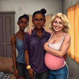 In a poor room, a young African woman, quite short, undernourished, and 20 years old with very dark skin and an angry expression, stands in the center