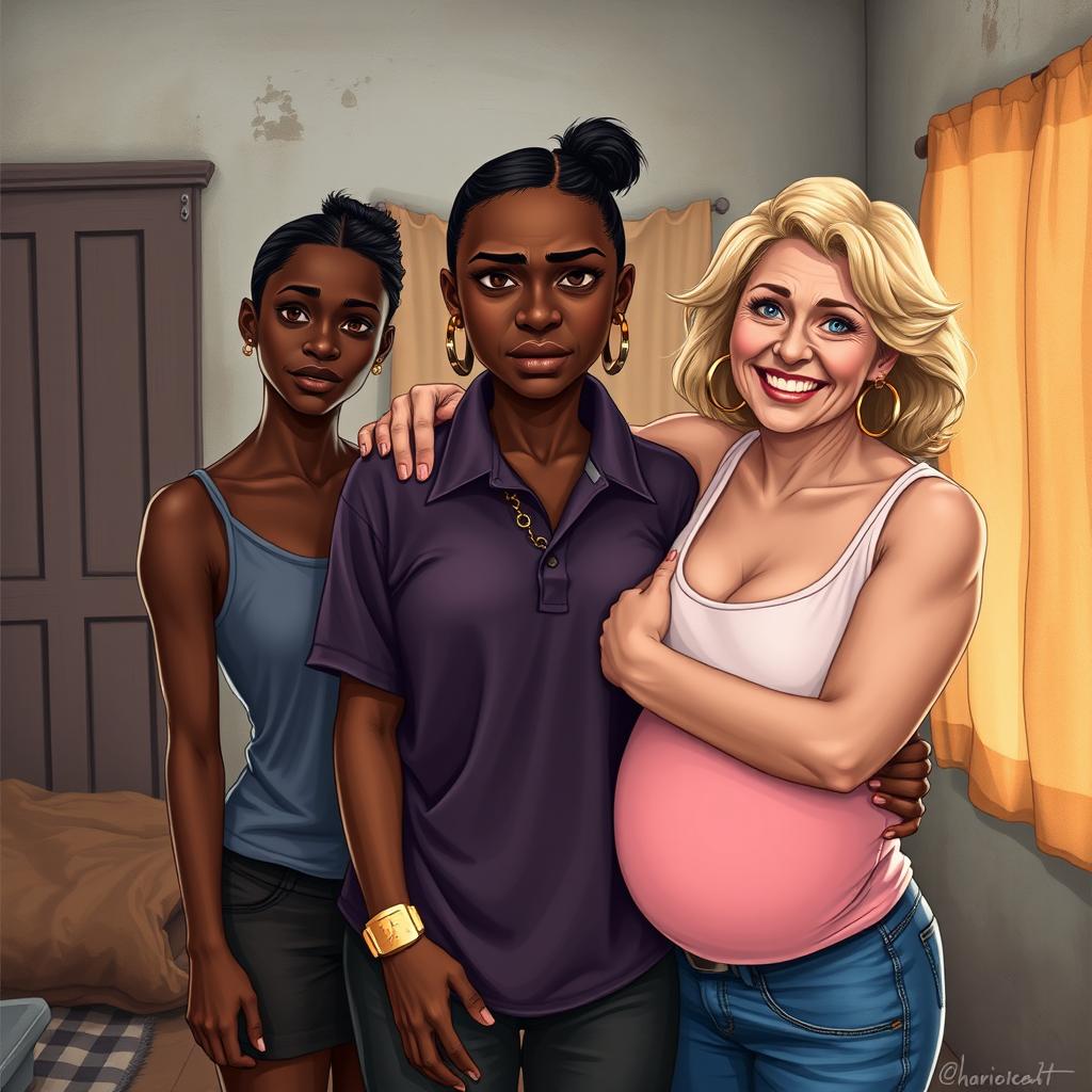 In a poor room, a young African woman, quite short, undernourished, and 20 years old with very dark skin and an angry expression, stands in the center