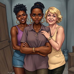 In a poor room, a young African woman, quite short, undernourished, and 20 years old with very dark skin and an angry expression, stands in the center