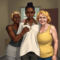 In a poor room, a young African woman, quite short, undernourished, and 20 years old with very dark skin and an angry expression, stands in the center