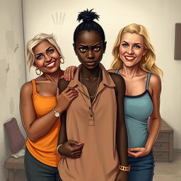 In a poor room, a young African woman, quite short, undernourished, and 20 years old with very dark skin and an angry expression, stands in the center