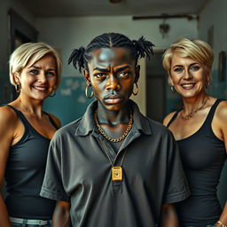 Inside a rundown room, a physically striking scene unfolds featuring a short, young African woman, aged 20, with very dark skin and an angry expression