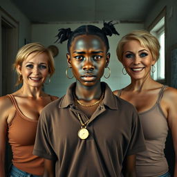 Inside a rundown room, a physically striking scene unfolds featuring a short, young African woman, aged 20, with very dark skin and an angry expression