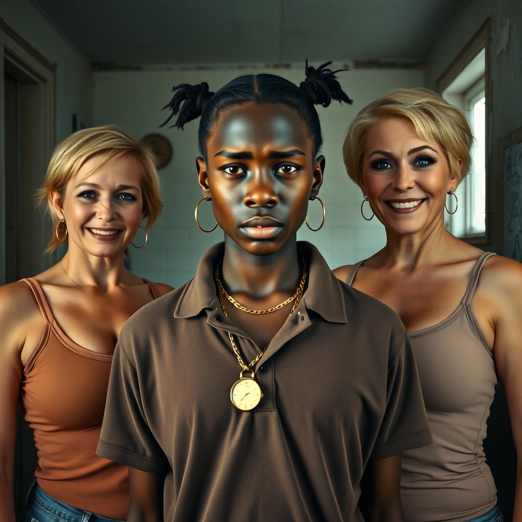 Inside a rundown room, a physically striking scene unfolds featuring a short, young African woman, aged 20, with very dark skin and an angry expression