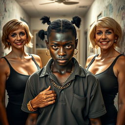 Inside a rundown room, a physically striking scene unfolds featuring a short, young African woman, aged 20, with very dark skin and an angry expression