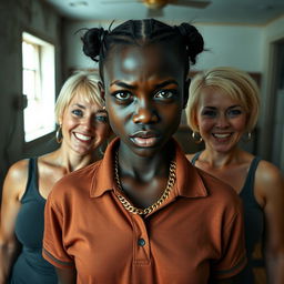 Inside a rundown room, a physically striking scene unfolds featuring a short, young African woman, aged 20, with very dark skin and an angry expression