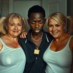 Inside a poor room, an intense scene features a short, young African woman, aged 20, with very dark skin and an angry expression