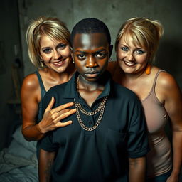 Inside a poor room, an intense scene features a short, young African woman, aged 20, with very dark skin and an angry expression