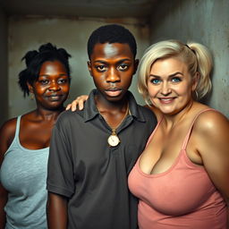 Inside a poor room, an intense scene features a short, young African woman, aged 20, with very dark skin and an angry expression