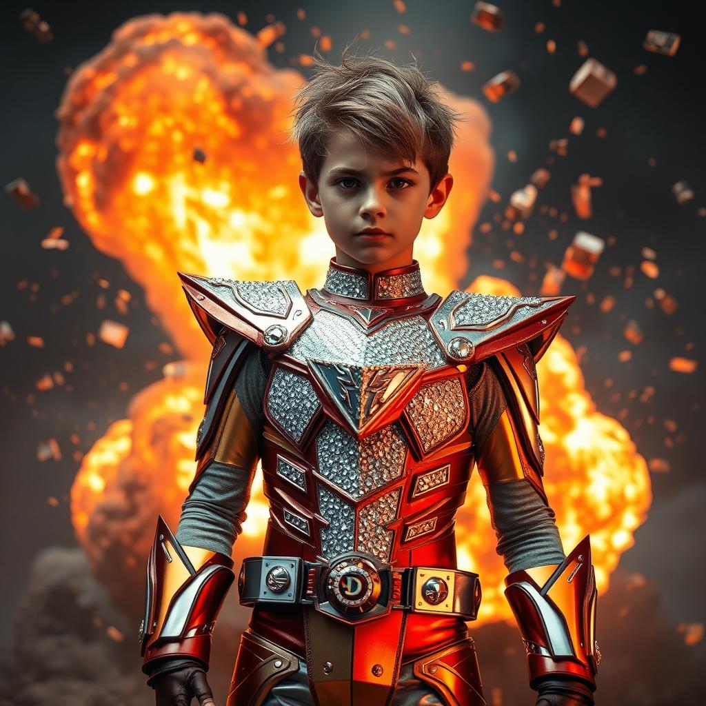 A dramatic explosion scene featuring a boy with emo hairstyle, wearing a glimmering, diamond-encrusted Tokusatsu armor reminiscent of a Power Ranger