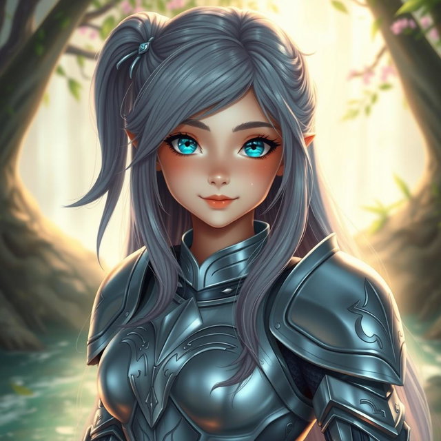 A beautiful, very busty girl with bright turquoise eyes and long ash grey hair, showcasing a diamond-shaped, kind and caring face