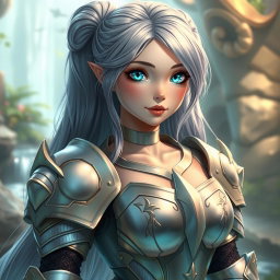 A beautiful, very busty girl with bright turquoise eyes and long ash grey hair, showcasing a diamond-shaped, kind and caring face