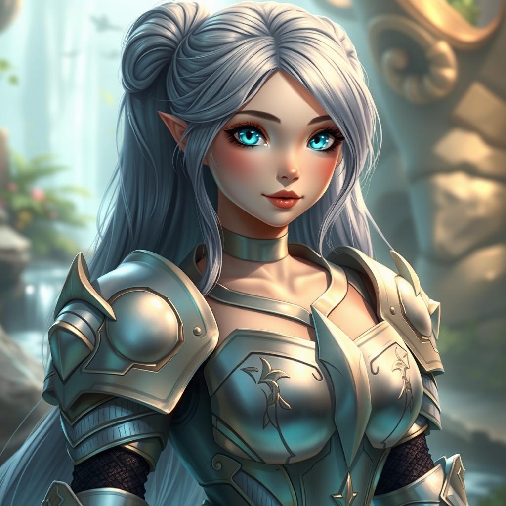 A beautiful, very busty girl with bright turquoise eyes and long ash grey hair, showcasing a diamond-shaped, kind and caring face