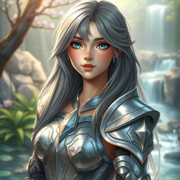 A beautiful, very busty girl with bright turquoise eyes and long ash grey hair, showcasing a diamond-shaped, kind and caring face