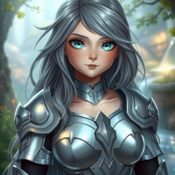 A beautiful, very busty girl with bright turquoise eyes and long ash grey hair, showcasing a diamond-shaped, kind and caring face