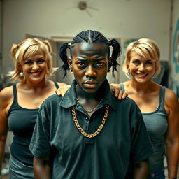 In a dilapidated room, a bold scene unfolds featuring a short, young African woman, 20 years old, with very dark skin and an angry expression on her face