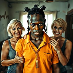 In a dilapidated room, a bold scene unfolds featuring a short, young African woman, 20 years old, with very dark skin and an angry expression on her face