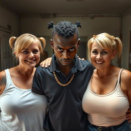 In a dilapidated room, a bold scene unfolds featuring a short, young African woman, 20 years old, with very dark skin and an angry expression on her face