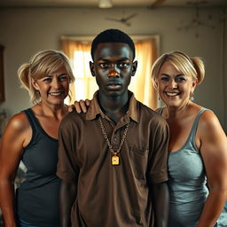 In a dilapidated room, a bold scene unfolds featuring a short, young African woman, 20 years old, with very dark skin and an angry expression on her face