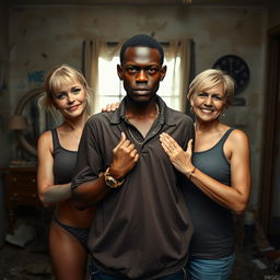 In a dilapidated room, a striking and complex scene unfolds featuring a short, young African woman, aged 20, with very dark skin and an intense, angry expression