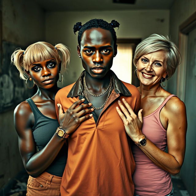 In a dilapidated room, a striking and complex scene unfolds featuring a short, young African woman, aged 20, with very dark skin and an intense, angry expression