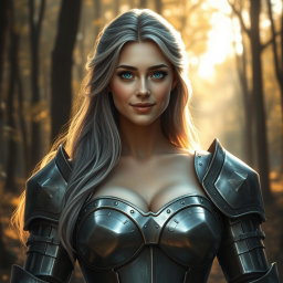 A beautiful, very busty European girl with bright turquoise eyes and long ash grey hair