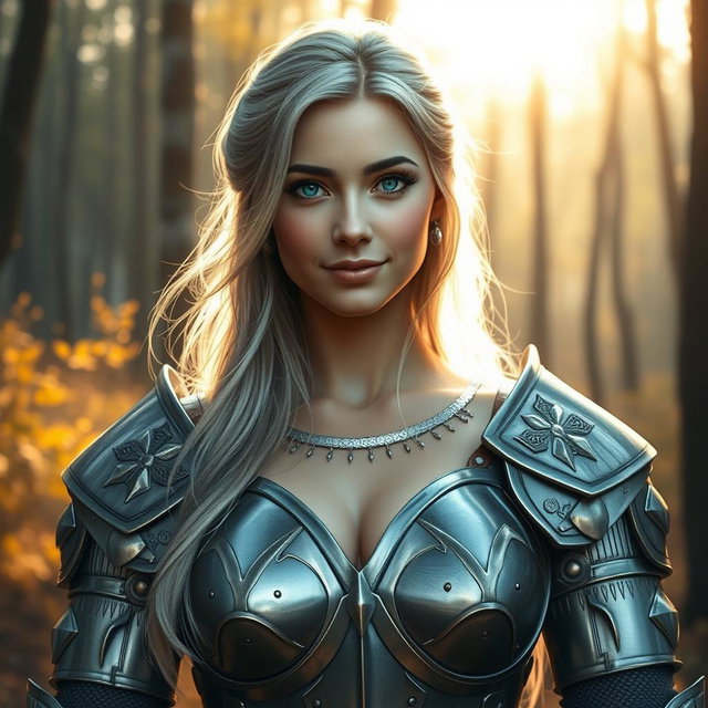 A beautiful, very busty European girl with bright turquoise eyes and long ash grey hair