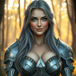 A beautiful, very busty European girl with bright turquoise eyes and long ash grey hair