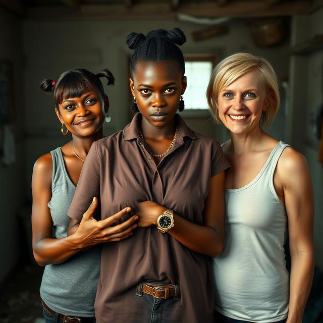 In a rundown room, a captivating scene features a young African woman, 20 years old, who is very short and appears malnourished with very dark skin and an angry expression
