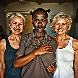 In a rundown room, a captivating scene features a young African woman, 20 years old, who is very short and appears malnourished with very dark skin and an angry expression