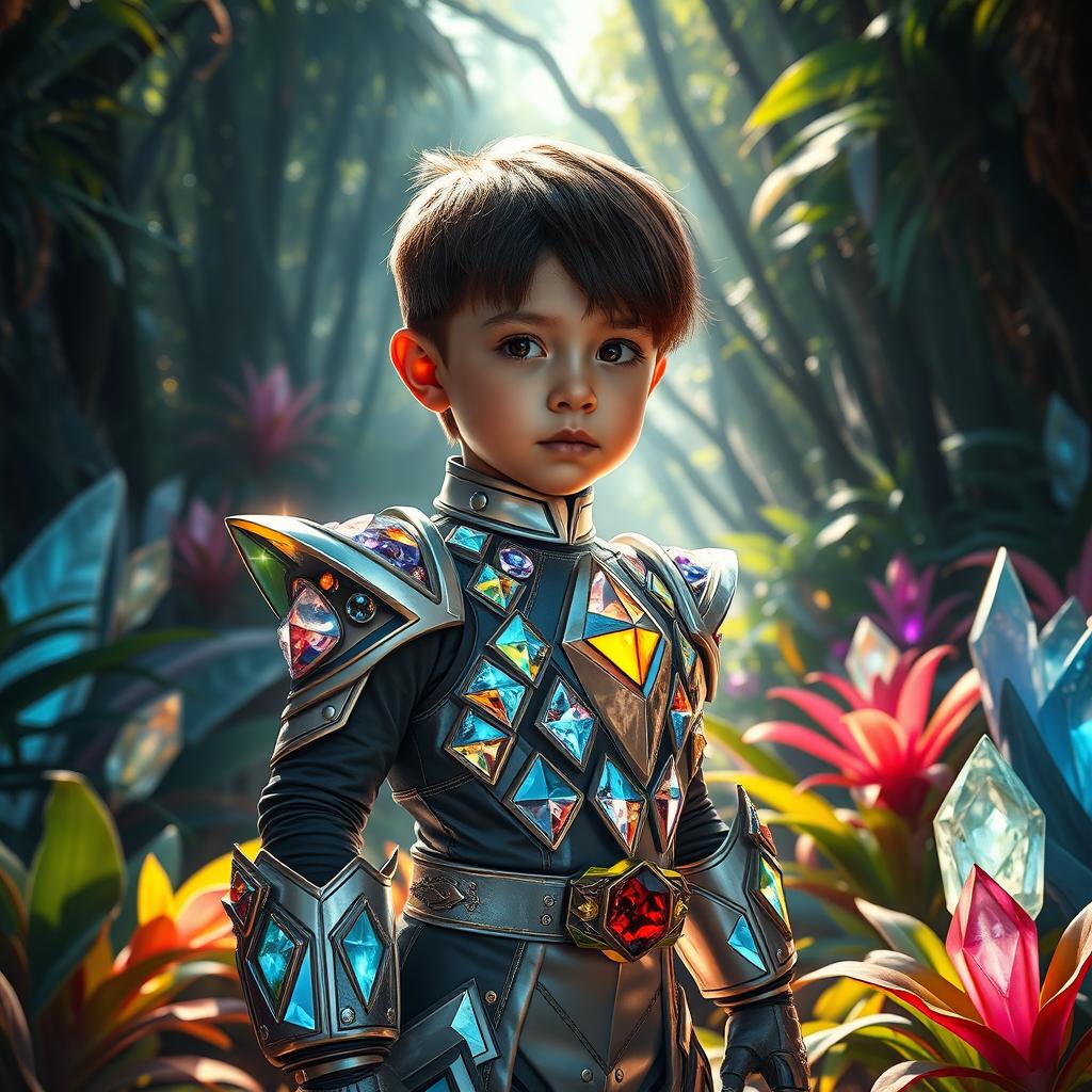 A captivating exploration scene featuring a young boy with an emo fringe hairstyle, adorned in a dazzling diamond-themed Tokusatsu armor inspired by Power Rangers