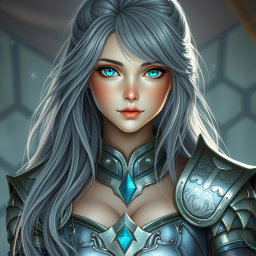 A beautiful, very busty European girl with striking bright turquoise eyes and long, flowing ash grey hair